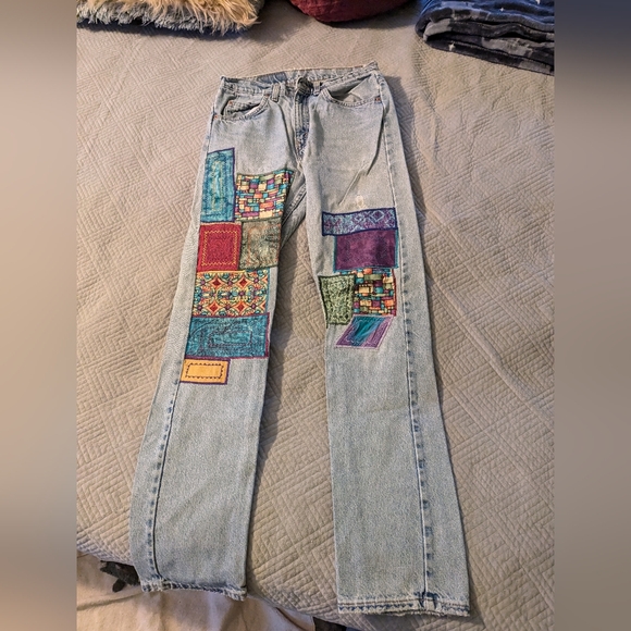 Vintage 505 Levis Patchwork Embroidered Jeans Worn by A Famous Bassist - Picture 2 of 6